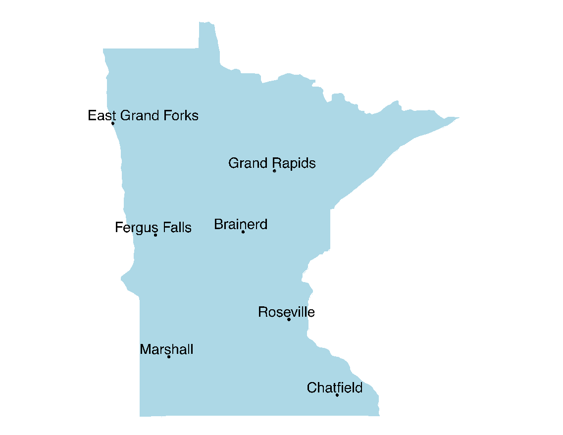 map of Minnesota with seven sites